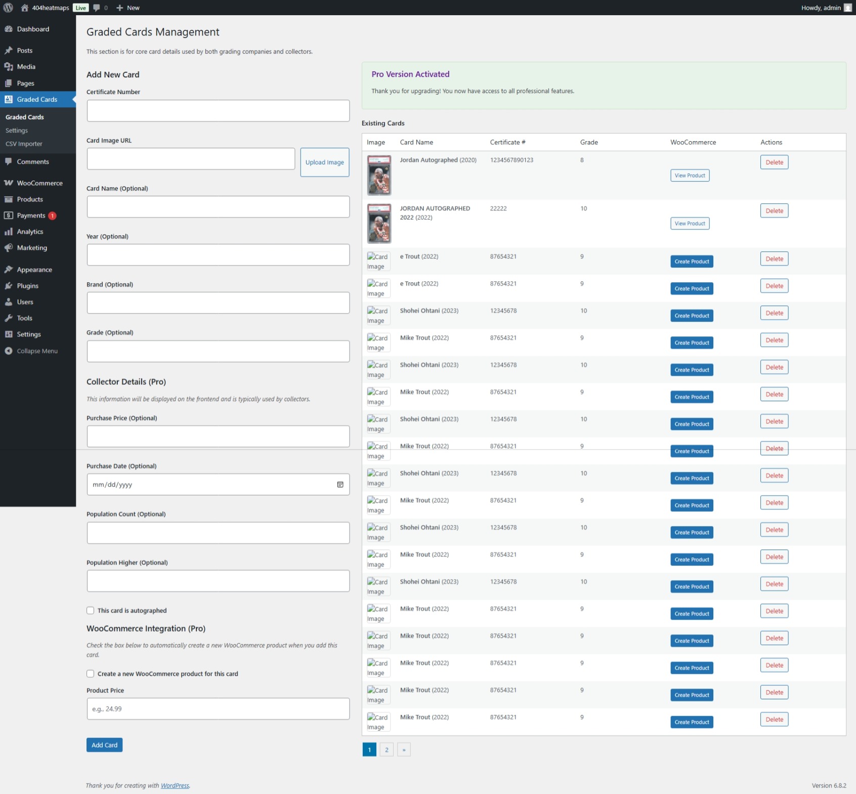graded-cards-system 4 Advanced card management in Graded Cards System Pro with fields for pop count, purchase price, and WooCommerce integration.