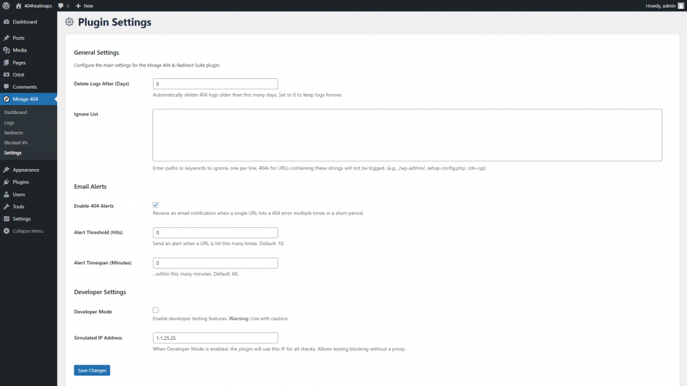 Advanced settings for Mirage 404, the best WordPress plugin for custom 404 error alerts and redirect management.