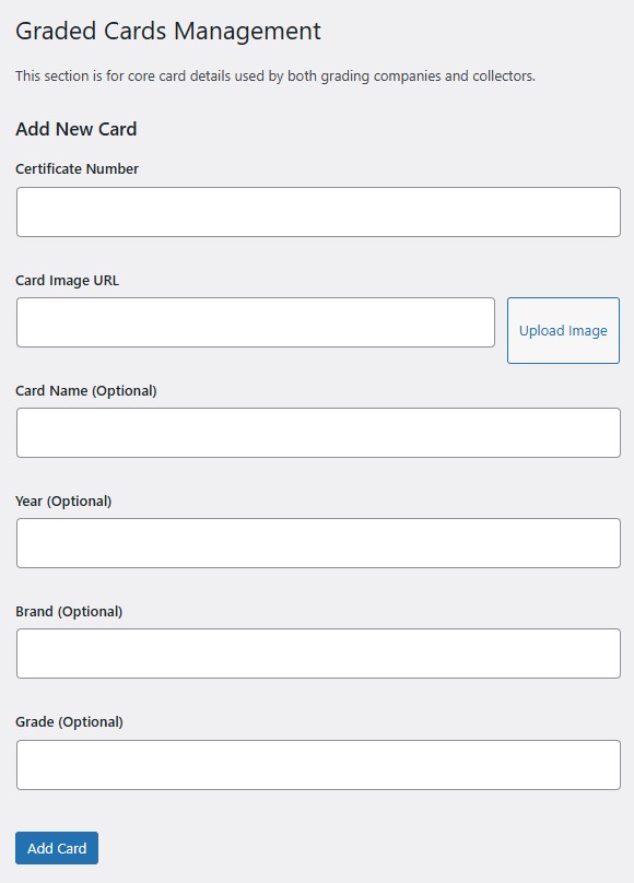 graded-cards-system 1 Simple card management form in the Graded Cards System WordPress plugin for adding new inventory.
