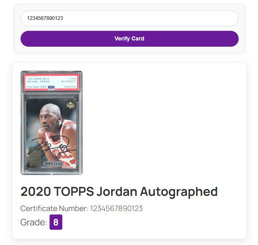 graded-cards-system 3 Frontend certificate lookup result for a graded sports card, building customer trust.