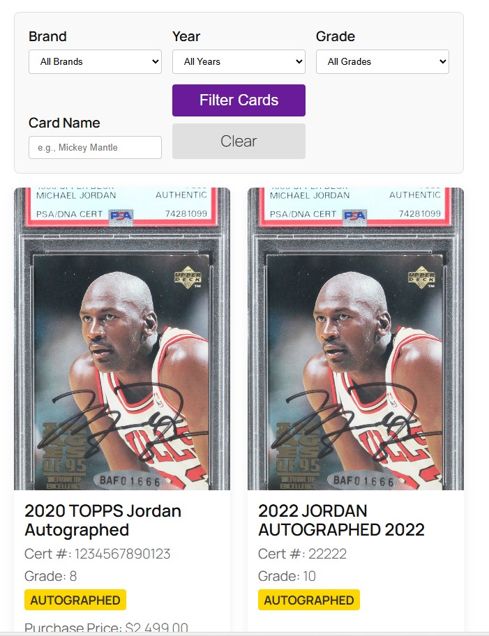 graded-cards-system 6 Pro storefront view of a graded card collection with advanced filters and an autographed card badge.