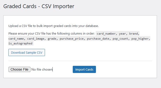 graded-cards-system 5 CSV bulk importer for trading card inventory in WordPress, saving time for large collections.