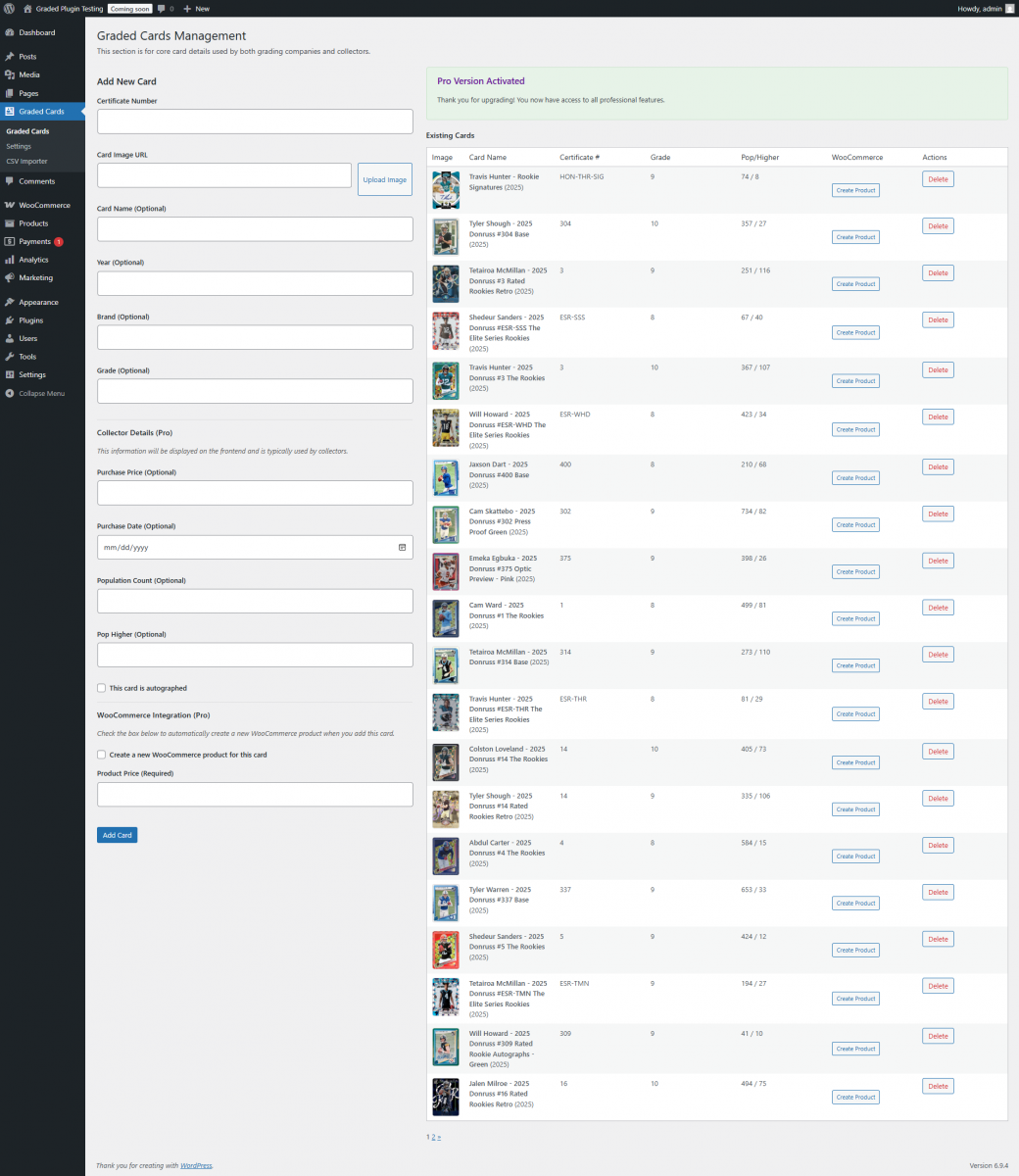 Graded Cards System Pro WordPress Plugin