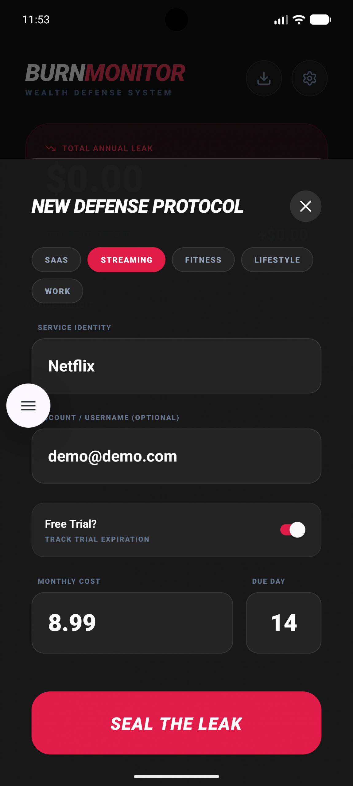 Burn Monitor App Screen
