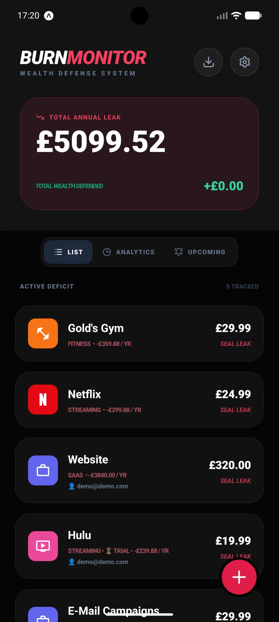 Burn Monitor subscription tracking dashboard with multiple currencies