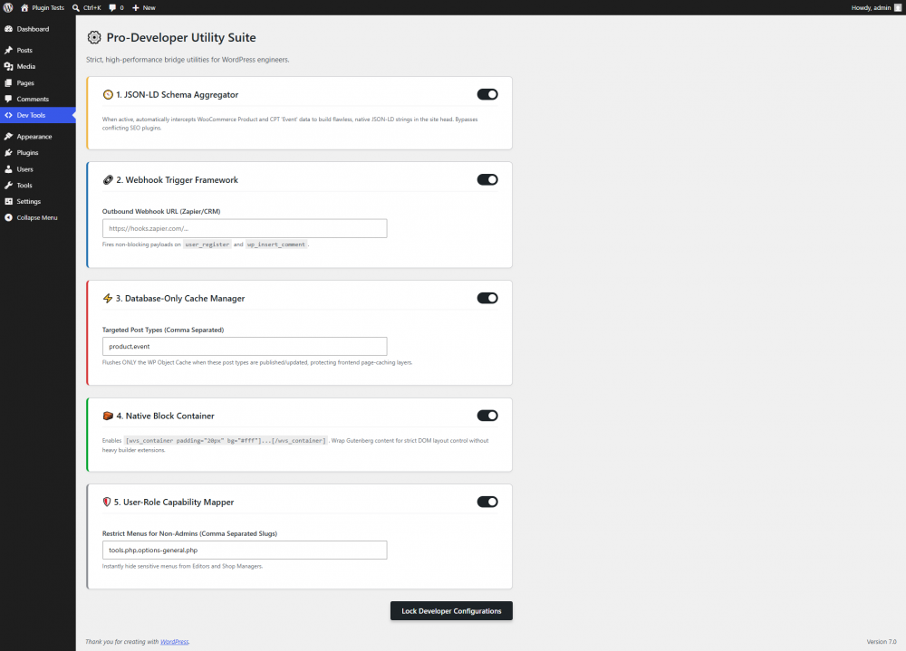 The Pro-Developer Utility Suite is a bundle of 5 precision-engineered tools designed to bridge the gap between WordPress and the outside world. It includes a JSON-LD Schema Aggregator, a Webhook Trigger Framework, a Database-Only Cache Manager, a lightweight Gutenberg Block Container, and a User-Role Capability Mapper. Strip out bloated multi-purpose plugins and equip your builds with native, developer-focused logic. Pay once, own it forever.