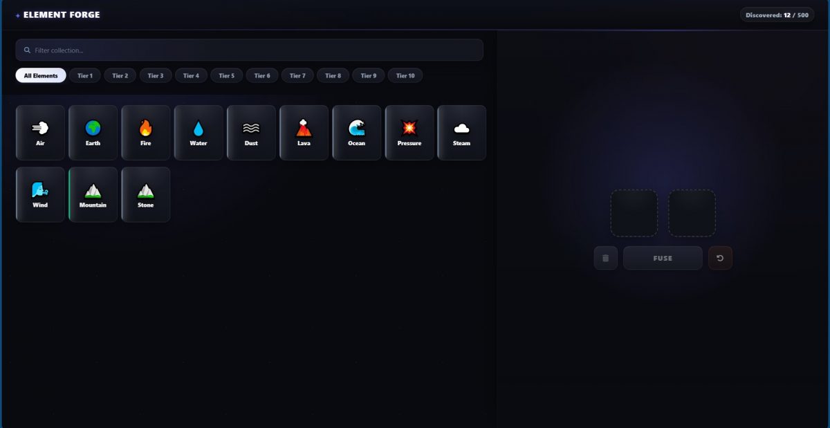 Element Forge: Infinite Crafting Clone (React 18) Engine