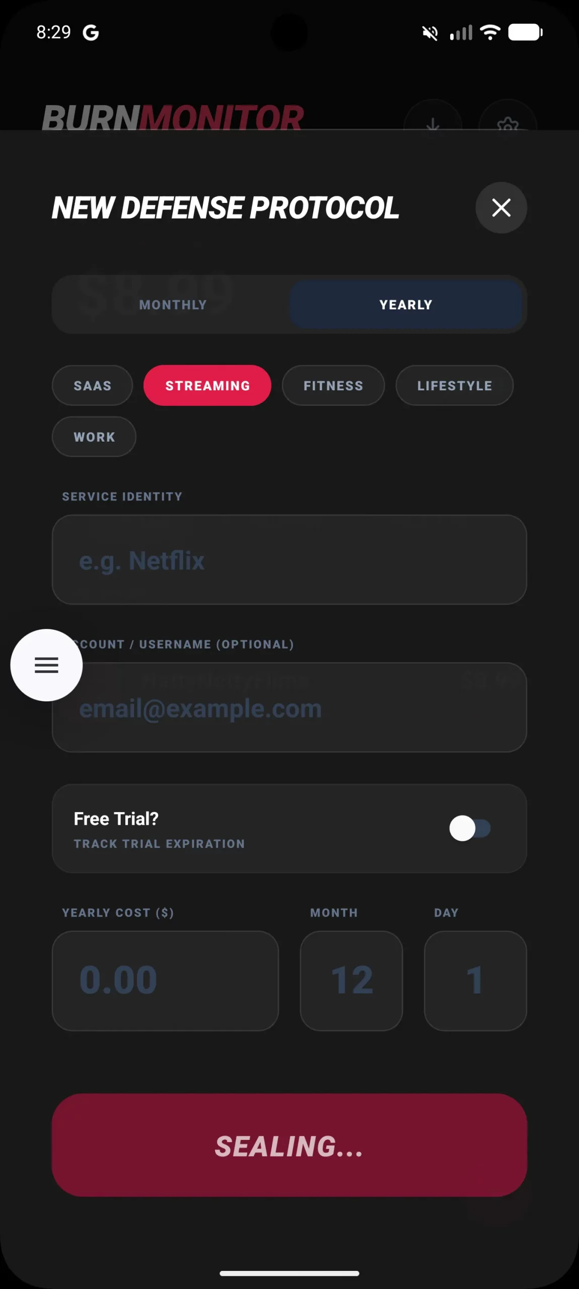 Burn Monitor new subscription entry form