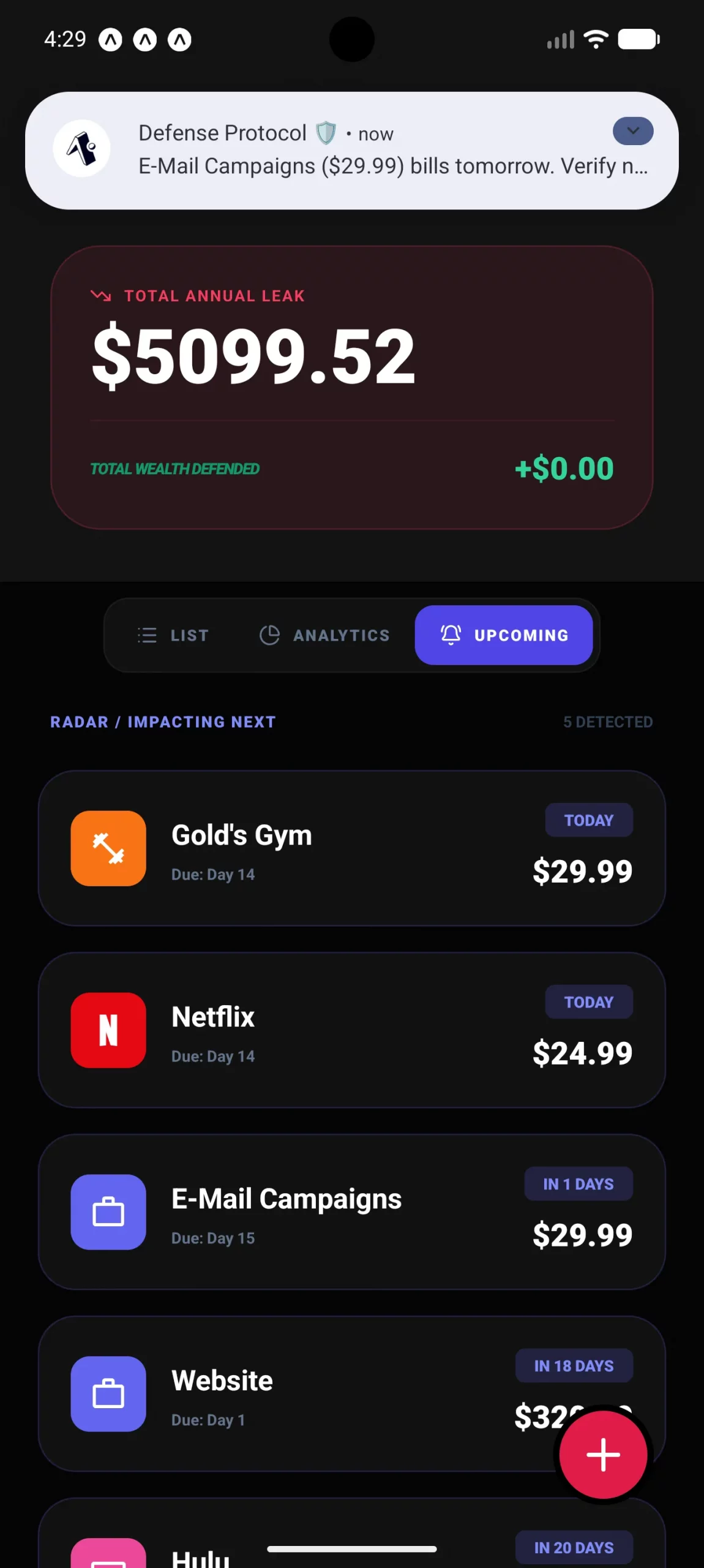 Burn Monitor upcoming subscription notifications and renewal list