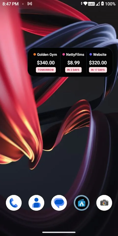 Burn Monitor home screen widget showing upcoming subscriptions