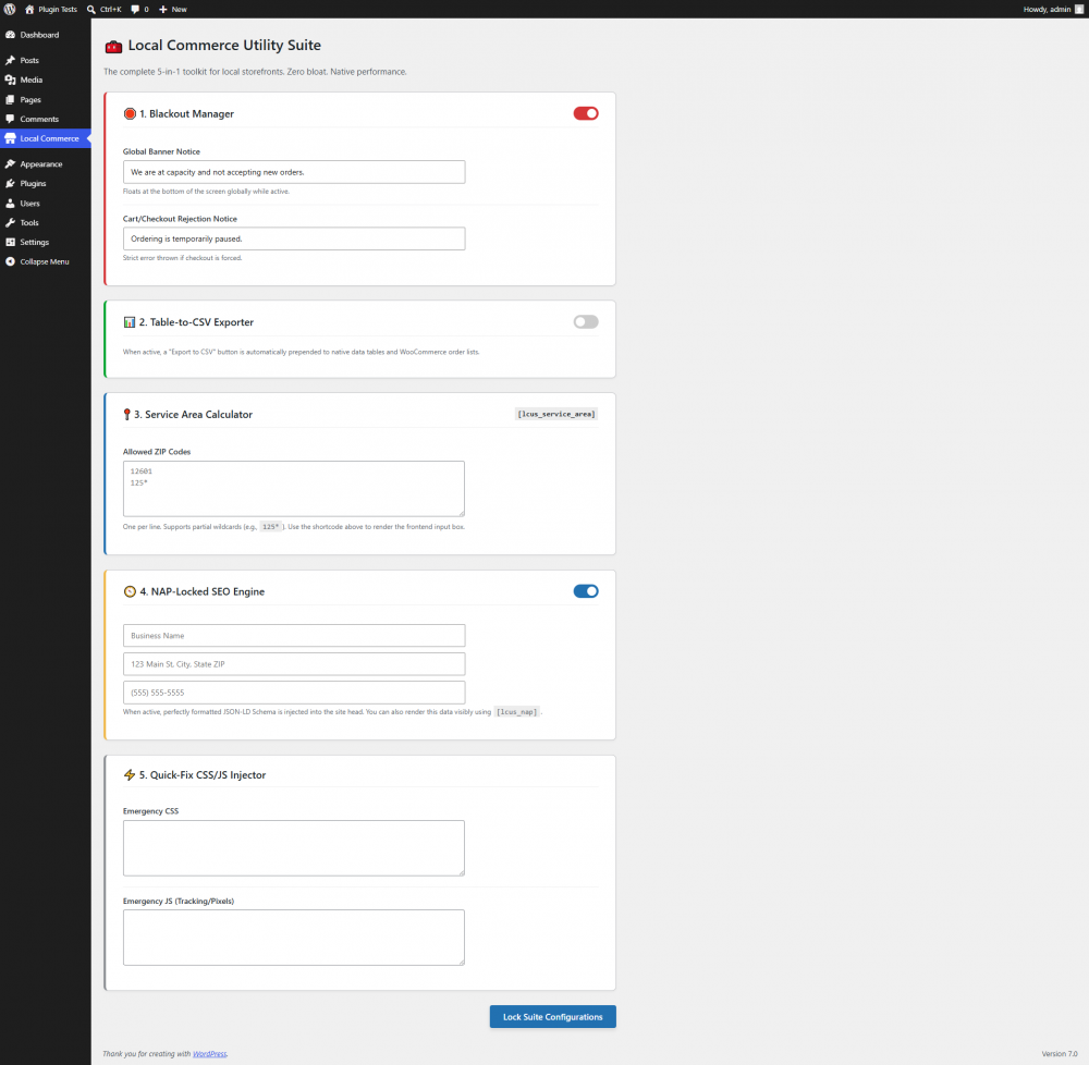 The Local Commerce Utility Suite is a bundle of 5 zero-bloat, high-impact tools engineered for restaurants, venues, and local storefronts. It includes the Blackout Manager panic button, a clean Table-to-CSV Exporter, a dynamic Frontend Service Area Calculator, a strict NAP-Locked SEO widget, and an emergency Quick-Fix CSS/JS Injector. Equip your storefronts with essential utilities without renting heavy plugins. Pay once, own it forever.