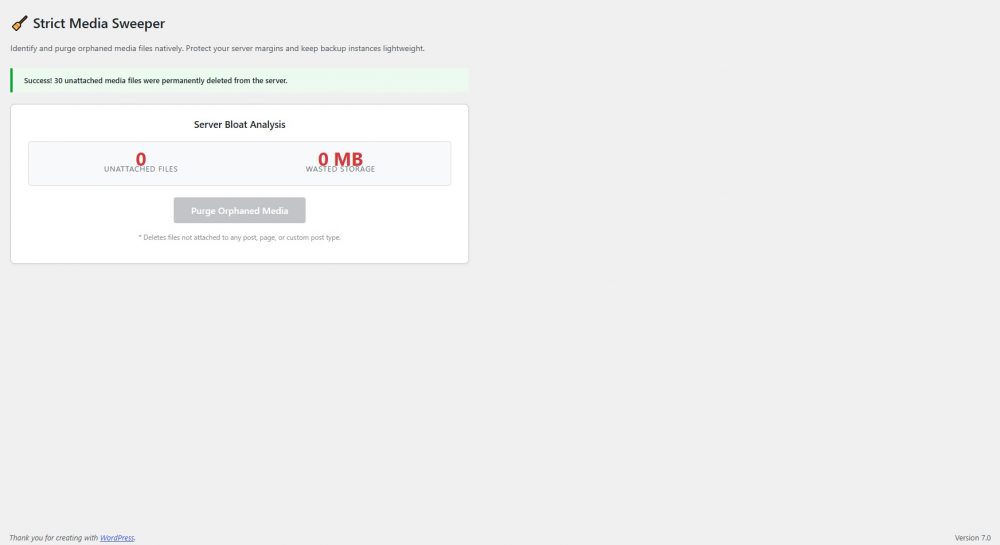 Safely delete unattached and orphaned WordPress media files in one click. Reduce server bloat, cut automated backup costs, and reclaim disk space instantly.