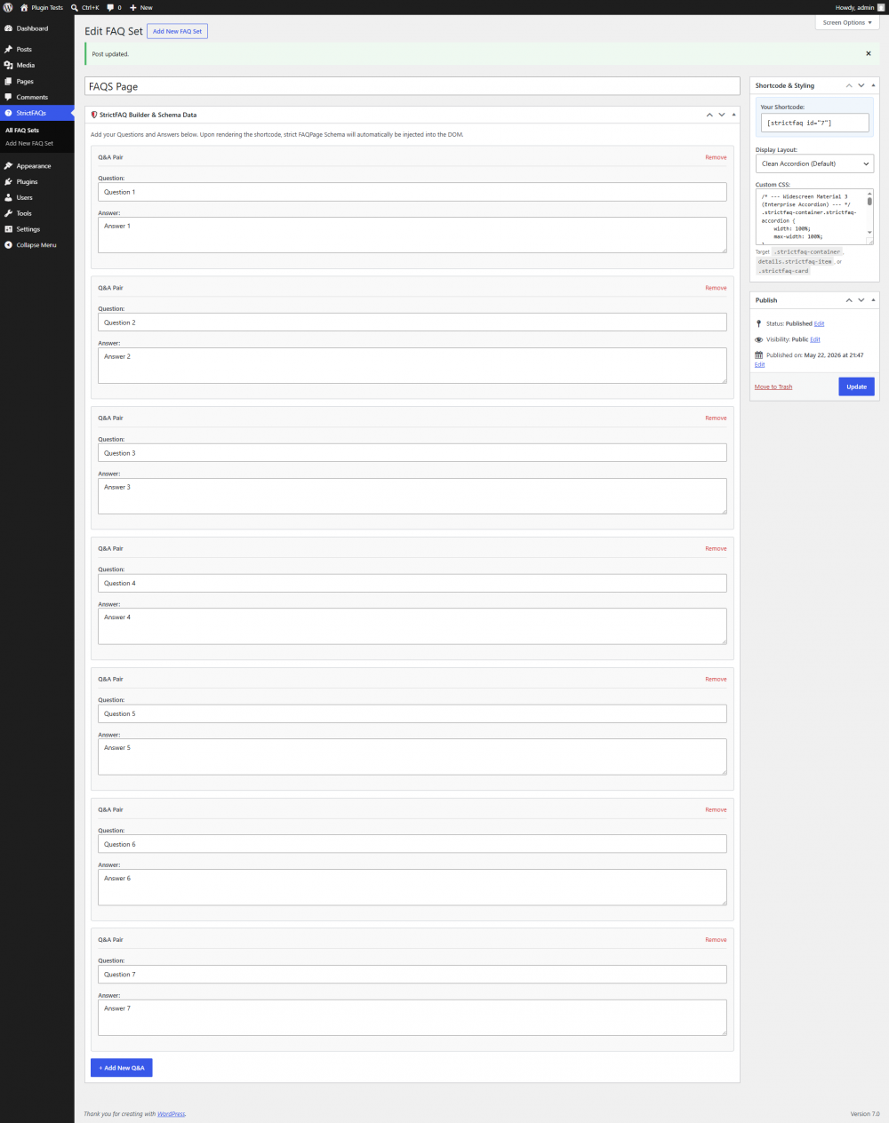 StrictFAQ JSON-LD + Accordion is a zero-bloat WordPress FAQ builder that generates native HTML5 accordions and automatically injects strict FAQPage Schema for Google Rich Snippets. Bypass heavy page-builder widgets and bloated JavaScript libraries. No recurring fees. Pay once, own it forever, and enjoy unlimited updates for the life of the software.