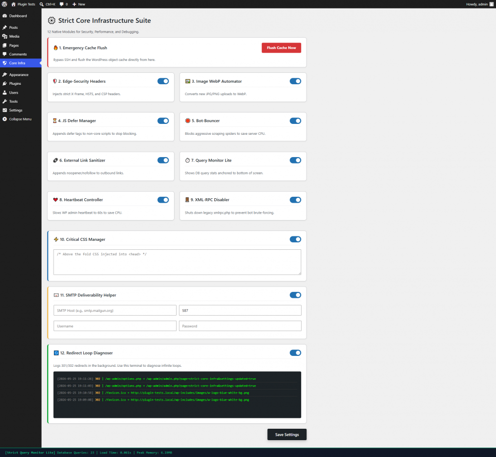 : The complete 12-in-1 toolkit for WordPress infrastructure. Optimize load speeds, lock down security headers, disable XML-RPC, and debug queries natively.