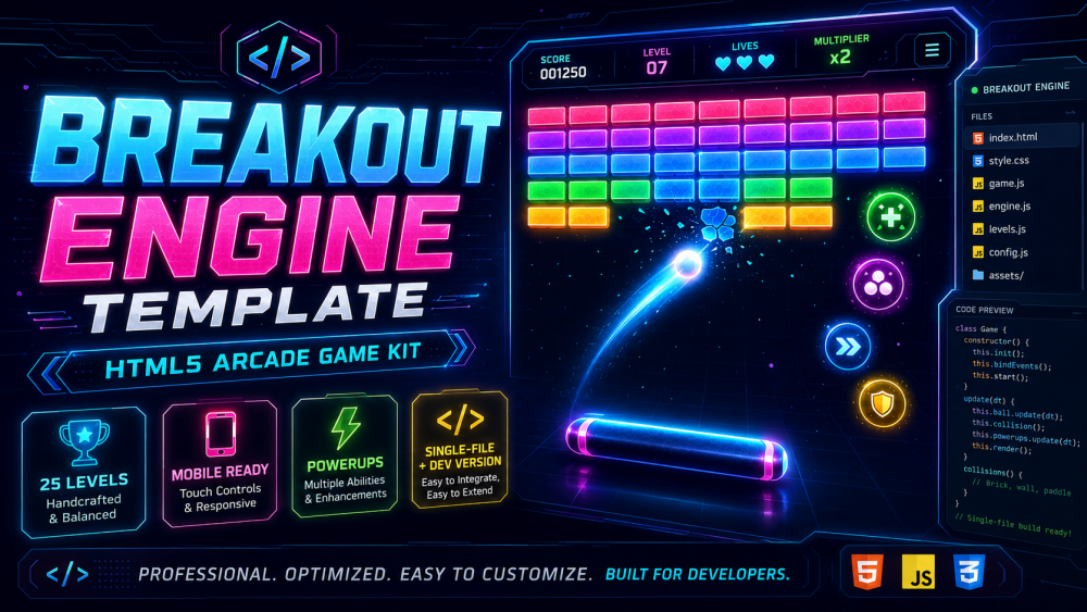Download a responsive HTML5 Breakout arcade game template with 25 levels, powerups, mobile controls, sound, and editable JavaScript source code.