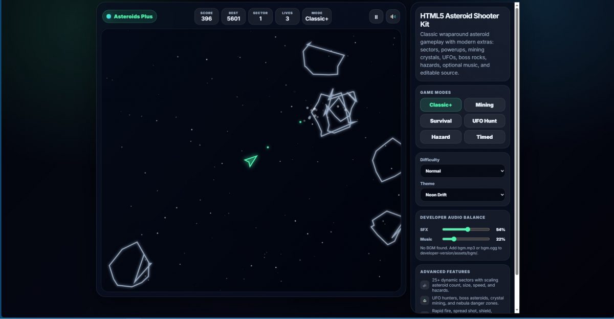 Asteroids Plus Clone Engine - HTML5 Arcade Space Shooter Game Kit