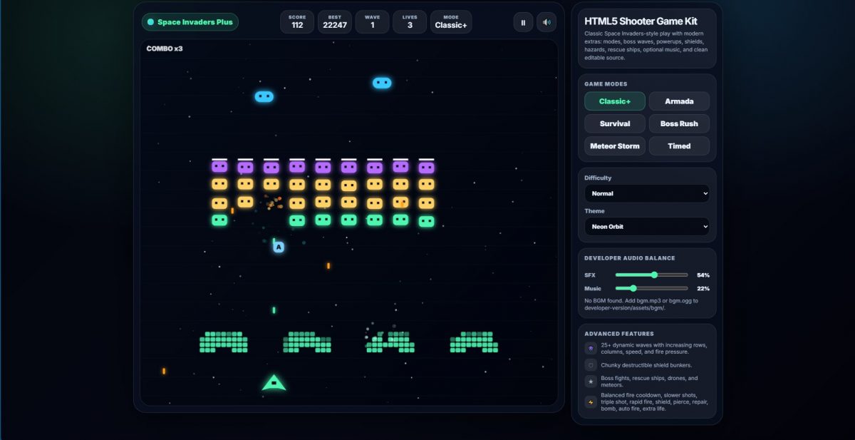 Space Invaders Plus Clone Engine - HTML5 Arcade Game Kit