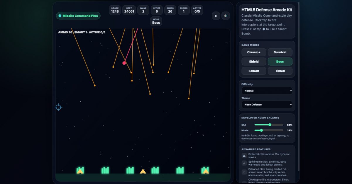 Missile Command Plus Clone Engine - HTML5 Arcade Defense Game Kit