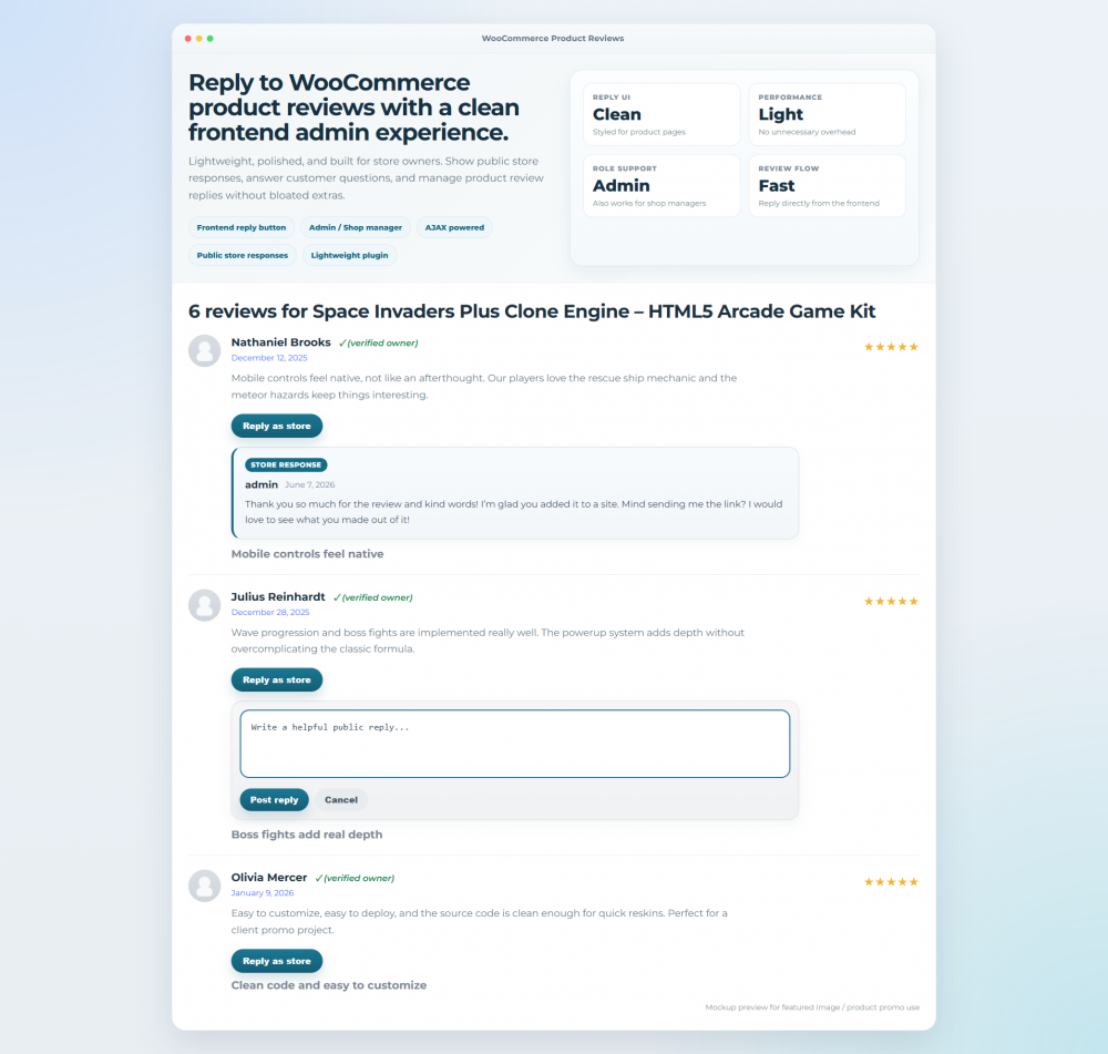 Let admins and shop managers reply to WooCommerce product reviews from the frontend with a lightweight, clean, AJAX-powered review response plugin.