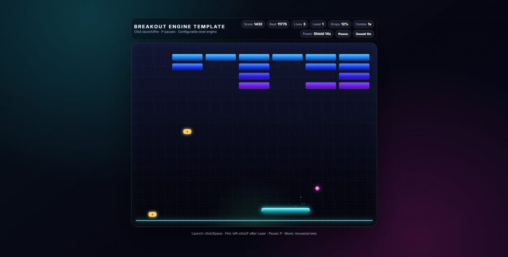 Download a responsive HTML5 Breakout arcade game template with 25 levels, powerups, mobile controls, sound, and editable JavaScript source code.