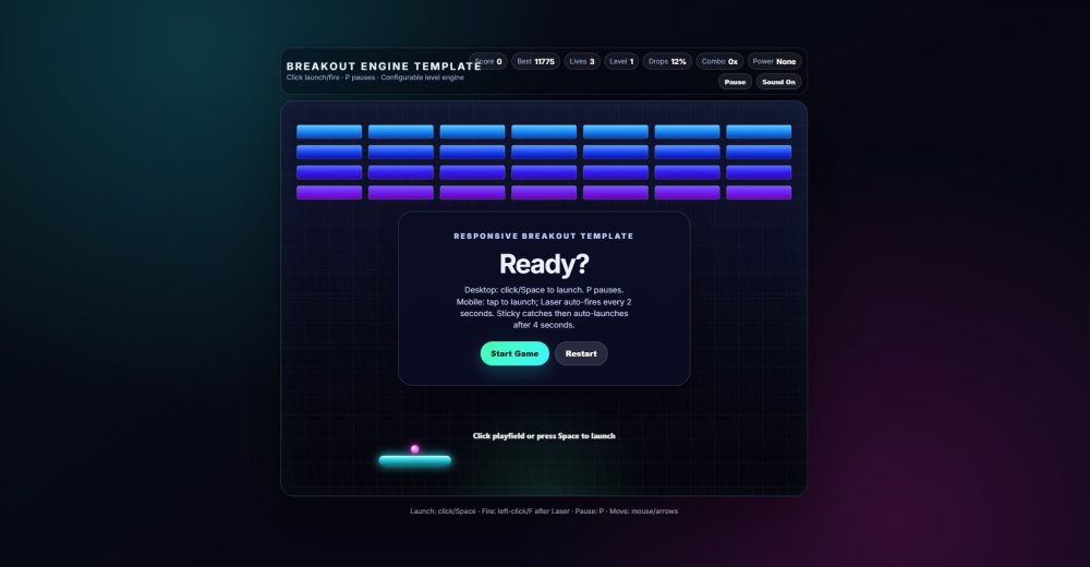 Download a responsive HTML5 Breakout arcade game template with 25 levels, powerups, mobile controls, sound, and editable JavaScript source code.