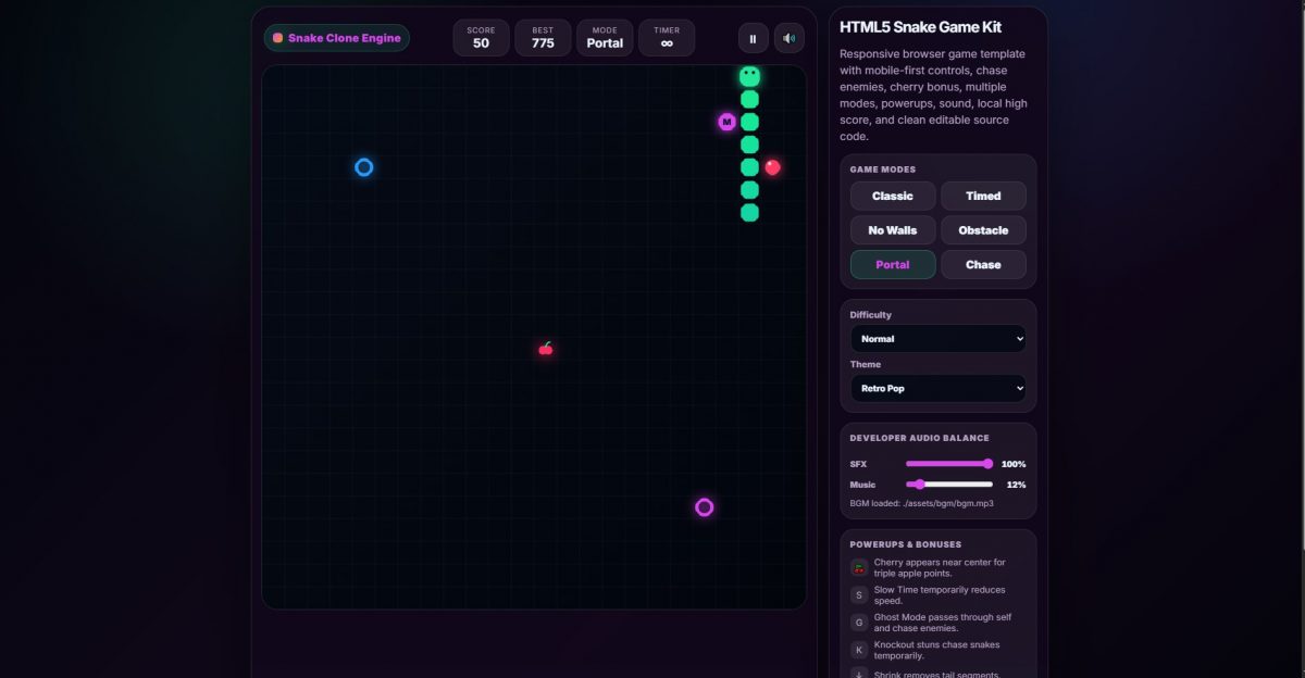 Snake Clone Engine Template – HTML5 Arcade Game Kit