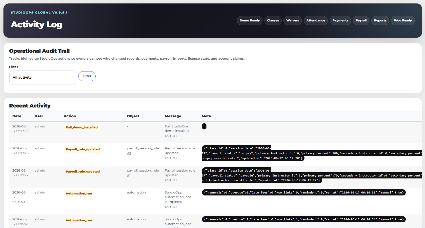StudioOps Global activity log