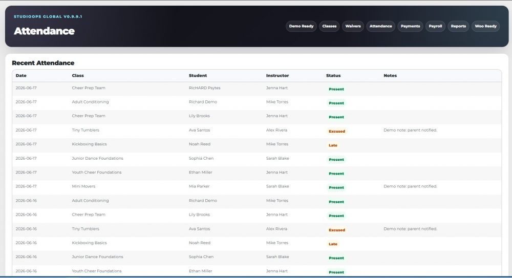 StudioOps Global is a WordPress studio management system for classes, enrollments, waivers, Woo payments, payroll, portals, and automation.