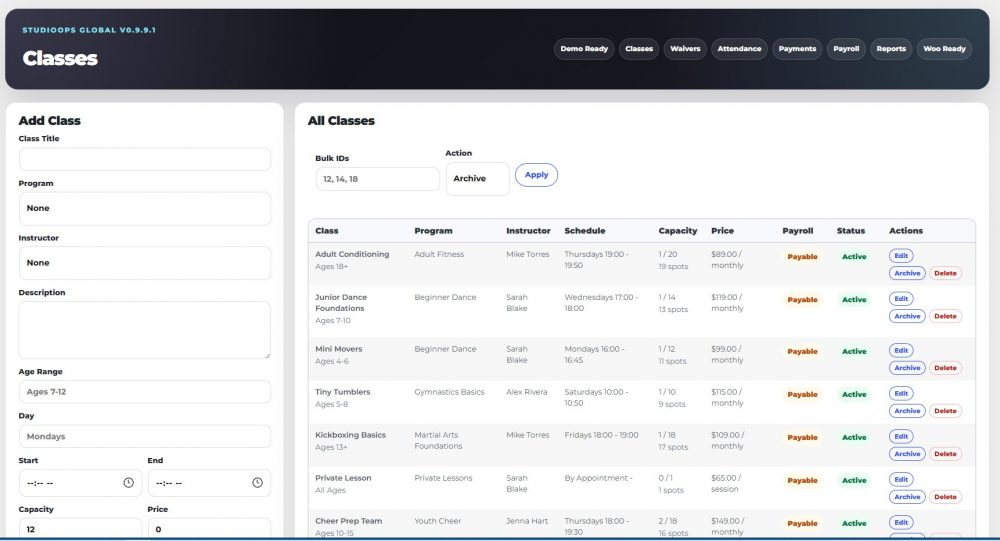 StudioOps Global is a WordPress studio management system for classes, enrollments, waivers, Woo payments, payroll, portals, and automation.