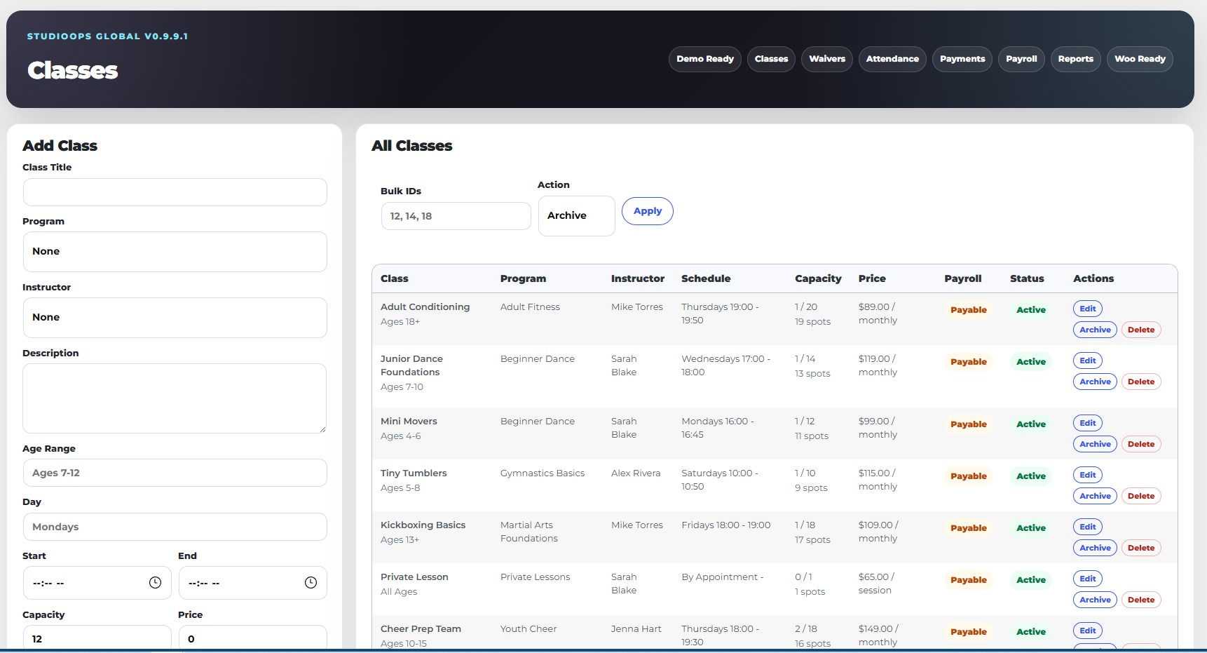 StudioOps Global classes admin