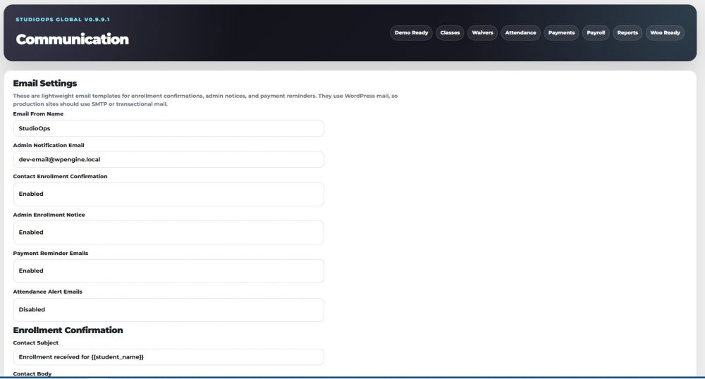StudioOps Global is a WordPress studio management system for classes, enrollments, waivers, Woo payments, payroll, portals, and automation.