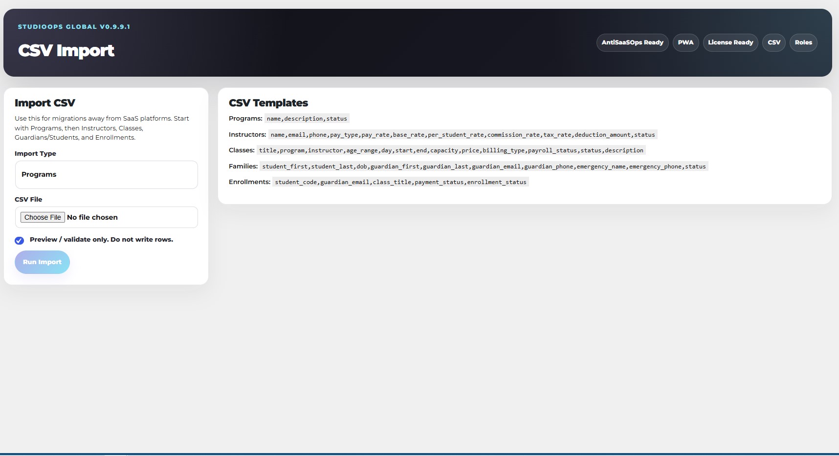 StudioOps Global CSV import
