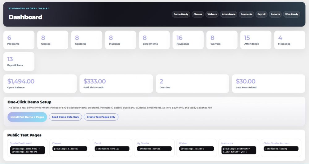 StudioOps Global is a WordPress studio management system for classes, enrollments, waivers, Woo payments, payroll, portals, and automation.