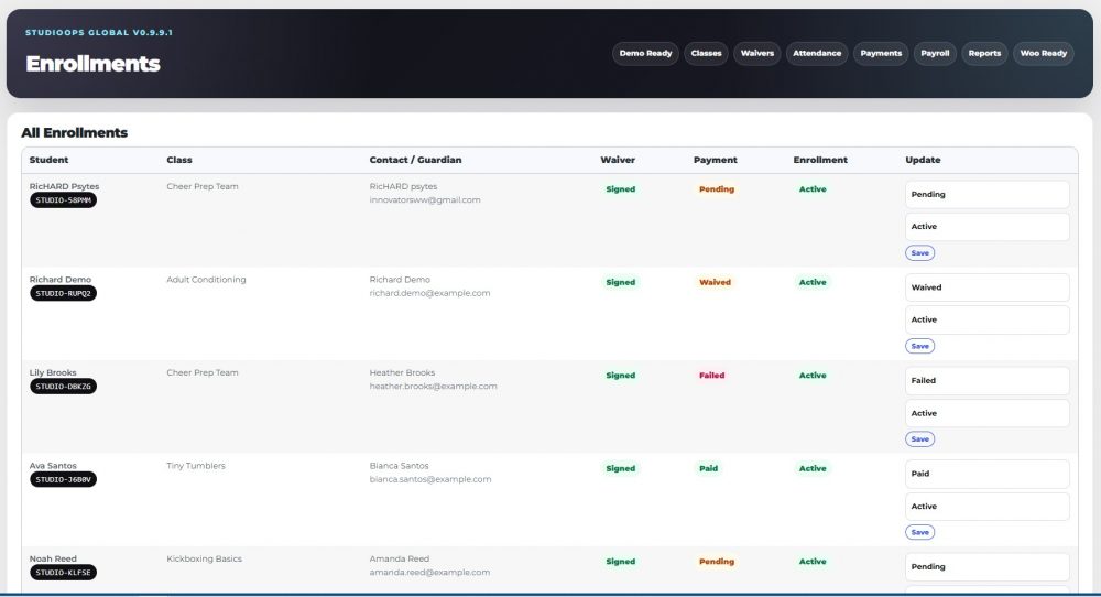 StudioOps Global is a WordPress studio management system for classes, enrollments, waivers, Woo payments, payroll, portals, and automation.