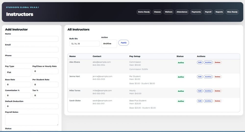 StudioOps Global is a WordPress studio management system for classes, enrollments, waivers, Woo payments, payroll, portals, and automation.