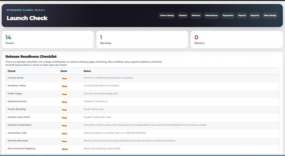 StudioOps Global is a WordPress studio management system for classes, enrollments, waivers, Woo payments, payroll, portals, and automation.