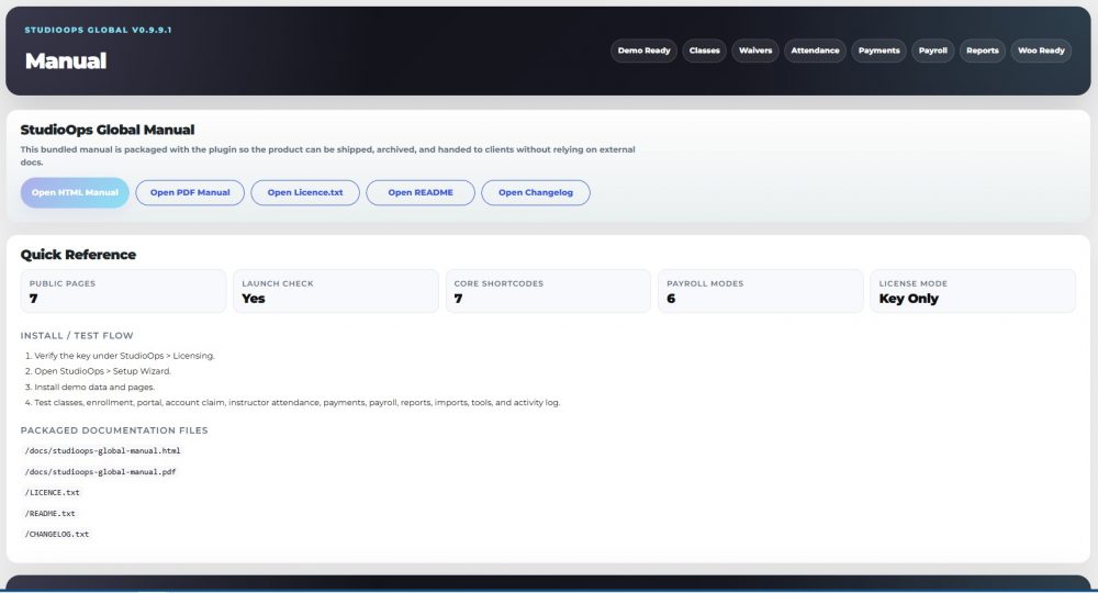 StudioOps Global is a WordPress studio management system for classes, enrollments, waivers, Woo payments, payroll, portals, and automation.