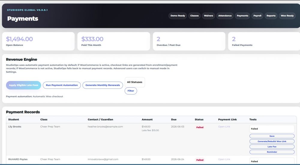 StudioOps Global is a WordPress studio management system for classes, enrollments, waivers, Woo payments, payroll, portals, and automation.