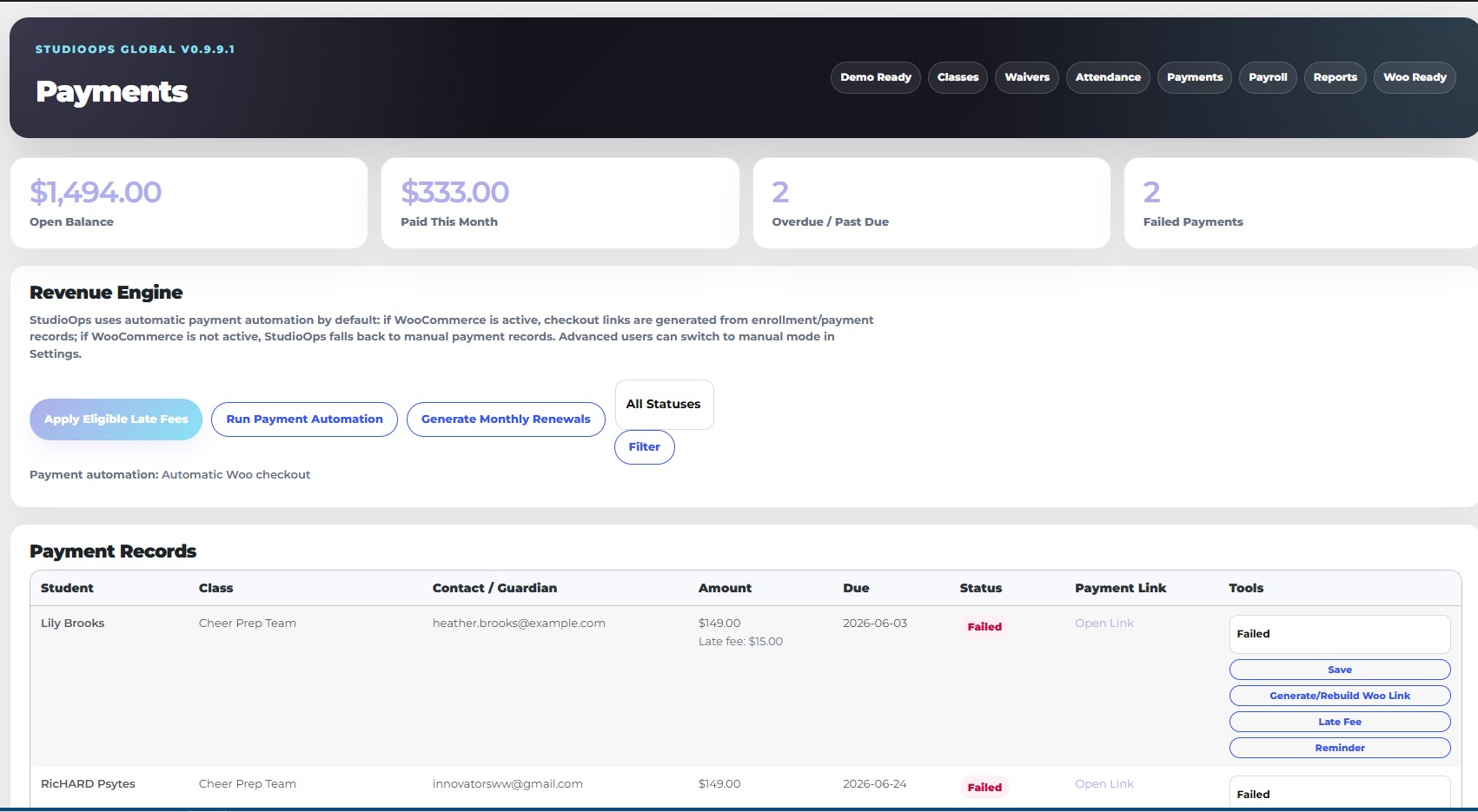 StudioOps Global payments and Woo checkout records