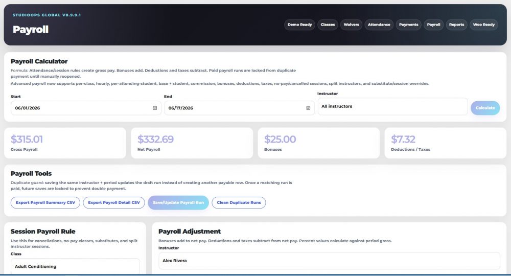 StudioOps Global is a WordPress studio management system for classes, enrollments, waivers, Woo payments, payroll, portals, and automation.