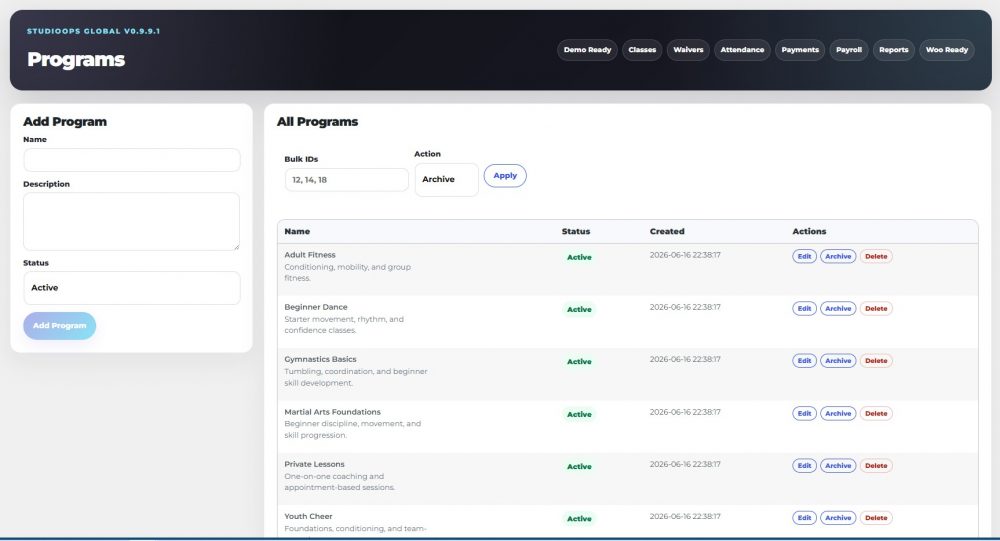 StudioOps Global is a WordPress studio management system for classes, enrollments, waivers, Woo payments, payroll, portals, and automation.