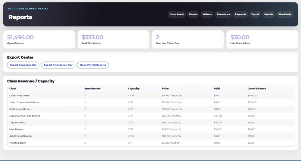 StudioOps Global is a WordPress studio management system for classes, enrollments, waivers, Woo payments, payroll, portals, and automation.