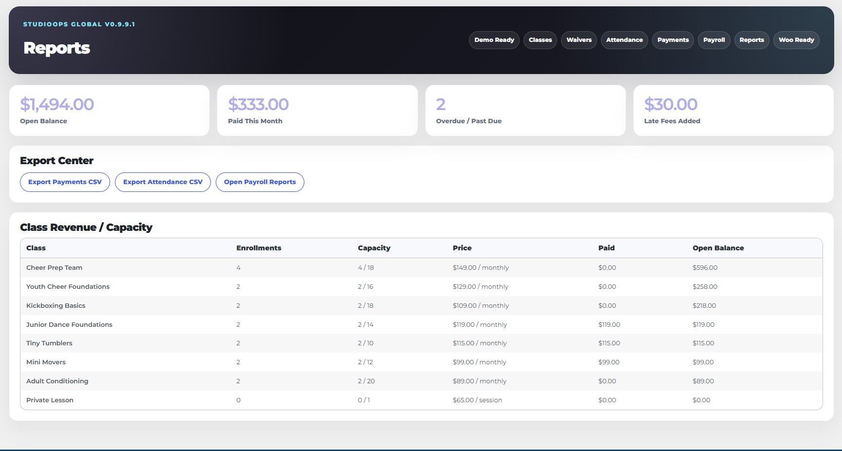 StudioOps Global reports and CSV exports