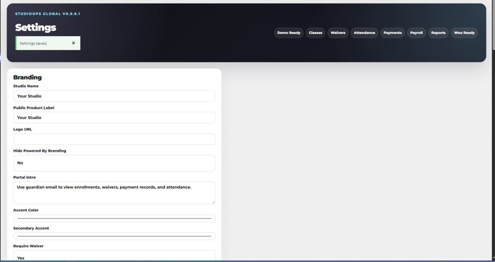 StudioOps Global is a WordPress studio management system for classes, enrollments, waivers, Woo payments, payroll, portals, and automation.