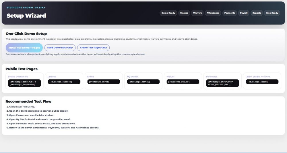 StudioOps Global is a WordPress studio management system for classes, enrollments, waivers, Woo payments, payroll, portals, and automation.