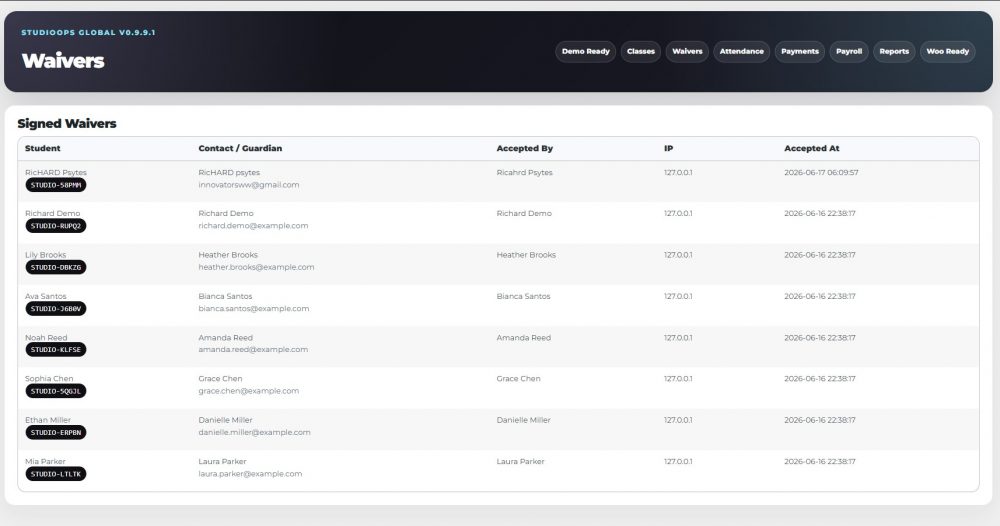 StudioOps Global is a WordPress studio management system for classes, enrollments, waivers, Woo payments, payroll, portals, and automation.