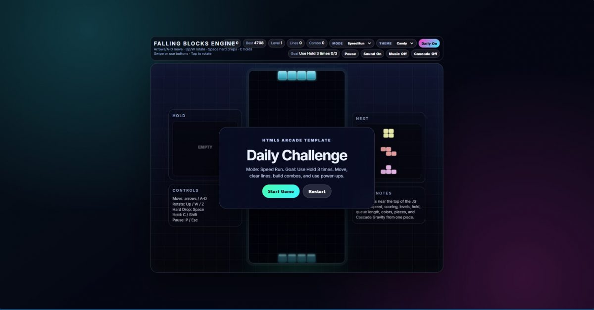 HTML5 JavaScript Game Template: Falling Blocks Ultimate Engine | Tetris Clone | Source Code