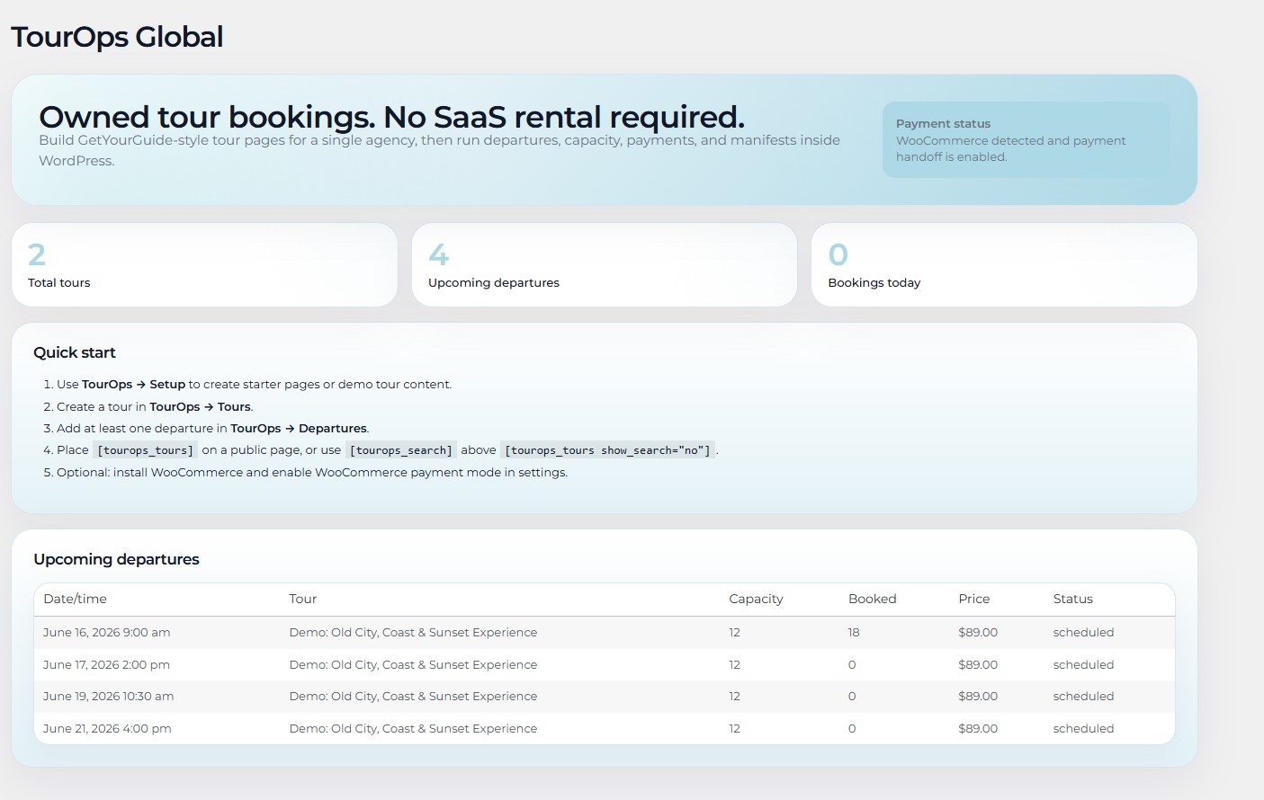 TourOps Global dashboard showing bookings, revenue, tours, capacity, and operations at a glance