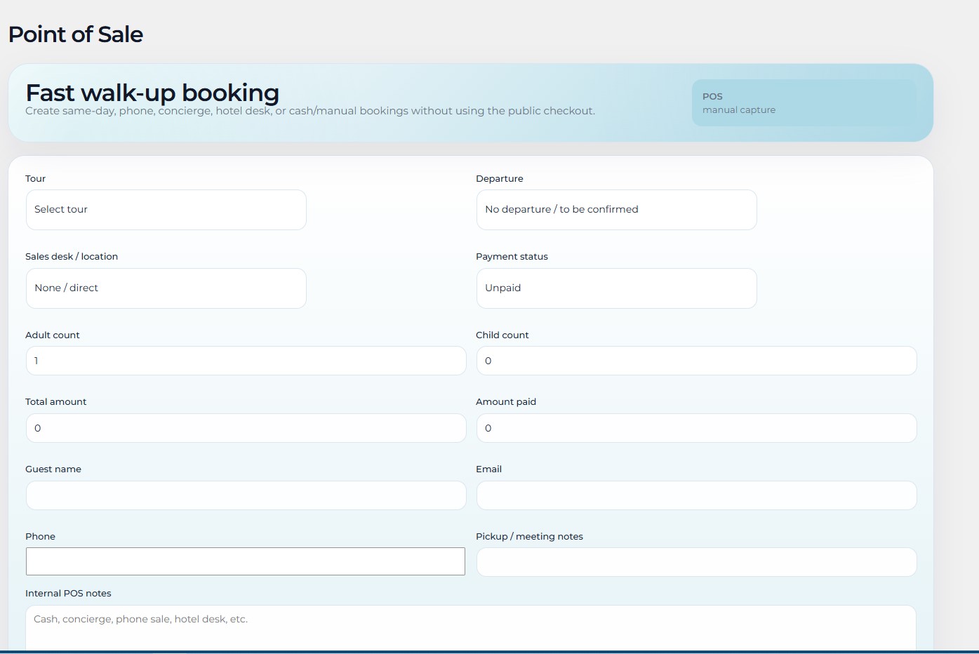 TourOps Global point of sale screen for walk-up and on-site bookings