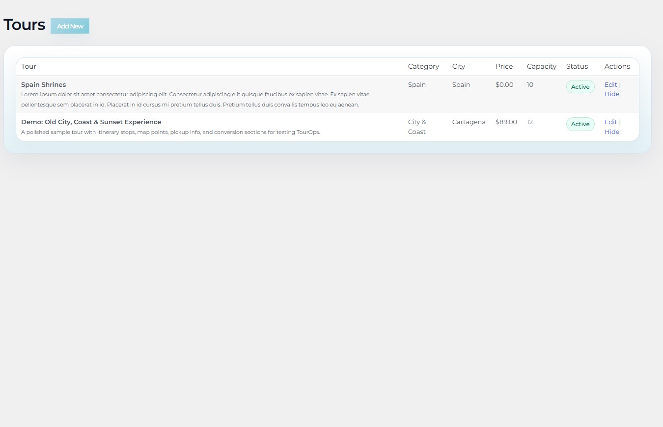 Add a tour in TourOps Global with descriptions, pricing, images, logistics, and itinerary settings